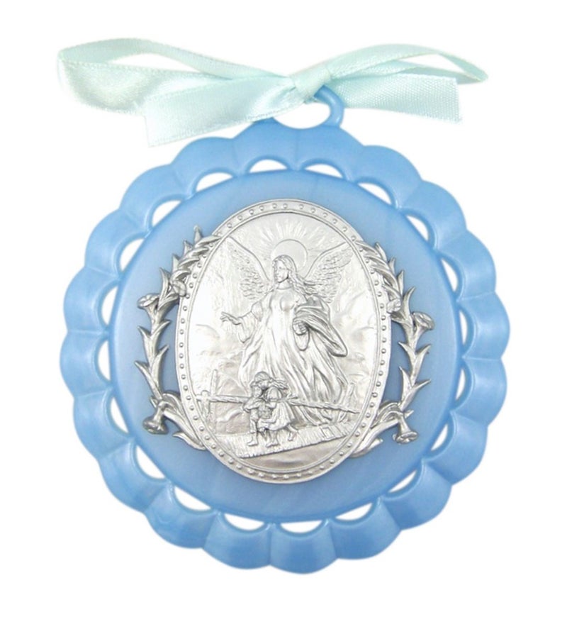 WJH Moulded Acrylic Blue Crib Medal with Guardian Angel for Baby Boy Nursery Decor, 3 1/2 Inch - Image 1